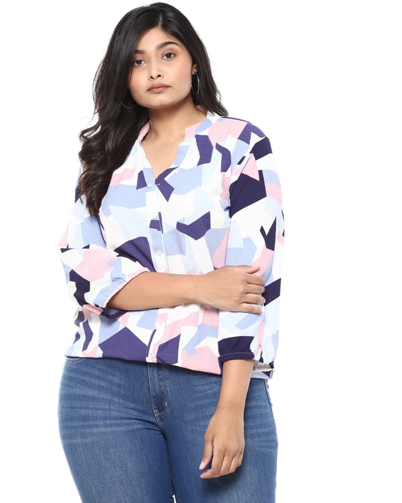 Front of a model wearing a size 3XL Graphic Design Stylish Casual Top in White by Instafab Plus. | dia_product_style_image_id:258237